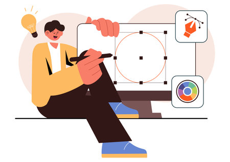 Graphic Designer Vector Illustration Featuring Creativity and Business with Design Software for Creating Cartoon and Animation Products in Backgroundのイラスト素材