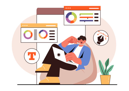 Graphic Designer Vector Illustration Featuring Creativity and Business with Design Software for Creating Cartoon and Animation Products in Backgroundのイラスト素材