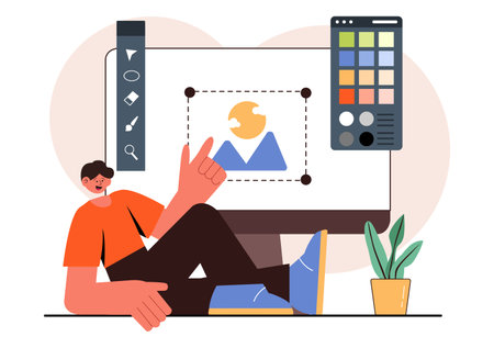 Graphic Designer Vector Illustration Featuring Creativity and Business with Design Software for Creating Cartoon and Animation Products in Backgroundのイラスト素材