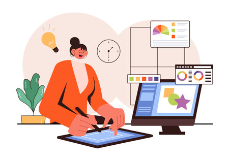 Graphic Designer Vector Illustration Featuring Creativity and Business with Design Software for Creating Cartoon and Animation Products in Backgroundのイラスト素材