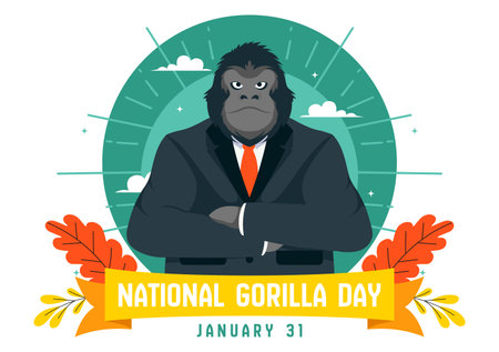 National Gorilla Suit Day Vector Illustration on 31 January featuring a Gorillaâs Head Neatly Dressed in a Suit in a Flat Style Cartoon Backgroundのイラスト素材