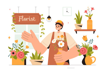 Professional Florist Working Vector Illustration featuring a Flower Store Creating Beautiful Gift Bouquets and Floral Trade in a Flat Style Backgroundのイラスト素材