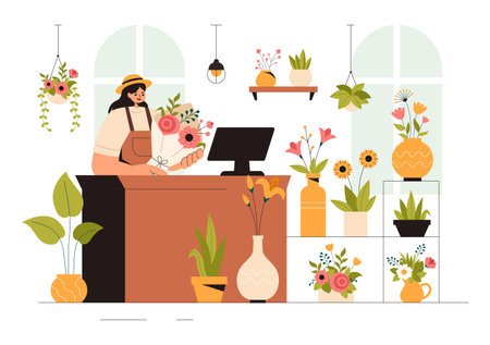 Professional Florist Working Vector Illustration featuring a Flower Store Creating Beautiful Gift Bouquets and Floral Trade in a Flat Style Backgroundのイラスト素材