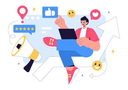 Positive Public Relations Vector Illustration featuring Successful Brand Advertising, Reputation Management, and Feedback in Digital Marketingのイラスト素材