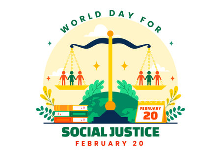 World Day of Social Justice Vector Illustration Featuring Scales and a Gavel Representing Justice, Equality, and Protection Against Injusticeのイラスト素材