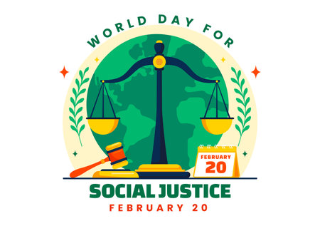 World Day of Social Justice Vector Illustration Featuring Scales and a Gavel Representing Justice, Equality, and Protection Against Injusticeのイラスト素材