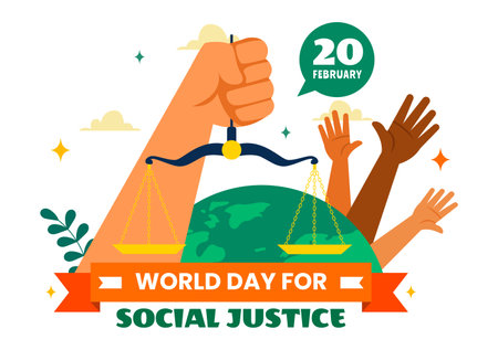 World Day of Social Justice Vector Illustration Featuring Scales and a Gavel Representing Justice, Equality, and Protection Against Injusticeのイラスト素材