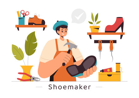 Shoemaker Profession Vector Illustration featuring the Process of Shoe Repair, Footwear Manufacturing, and Design in a Flat Style Cartoon Backgroundのイラスト素材