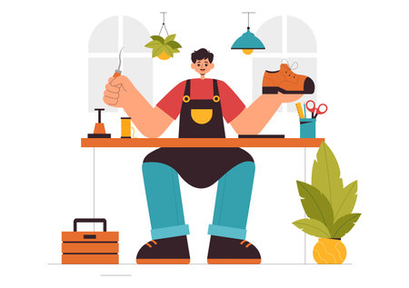 Shoemaker Profession Vector Illustration featuring the Process of Shoe Repair, Footwear Manufacturing, and Design in a Flat Style Cartoon Backgroundのイラスト素材