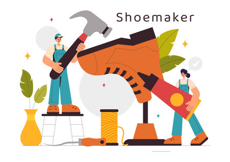 Shoemaker Profession Vector Illustration featuring the Process of Shoe Repair, Footwear Manufacturing, and Design in a Flat Style Cartoon Backgroundのイラスト素材