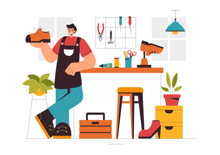 Shoemaker Profession Vector Illustration featuring the Process of Shoe Repair, Footwear Manufacturing, and Design in a Flat Style Cartoon Backgroundのイラスト素材