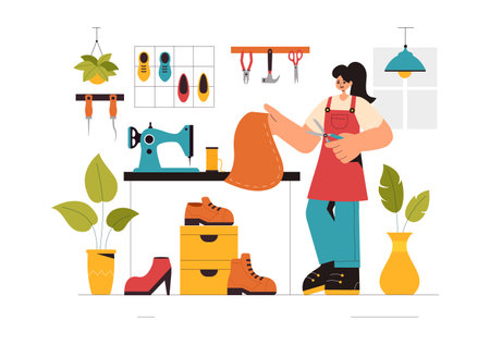 Shoemaker Profession Vector Illustration featuring the Process of Shoe Repair, Footwear Manufacturing, and Design in a Flat Style Cartoon Backgroundのイラスト素材