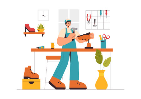 Shoemaker Profession Vector Illustration featuring the Process of Shoe Repair, Footwear Manufacturing, and Design in a Flat Style Cartoon Backgroundのイラスト素材