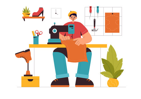 Shoemaker Profession Vector Illustration featuring the Process of Shoe Repair, Footwear Manufacturing, and Design in a Flat Style Cartoon Backgroundのイラスト素材