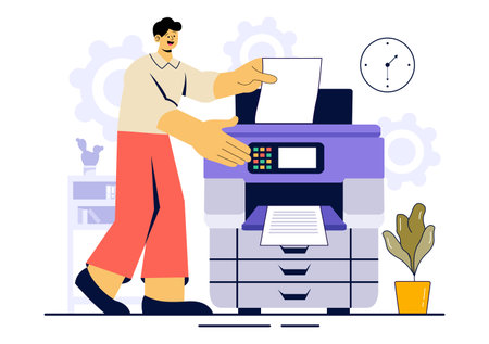 Printer Service Vector Illustration Featuring the Production Process at a Printing House and Machines Operating Large File Printers in a Backgroundのイラスト素材