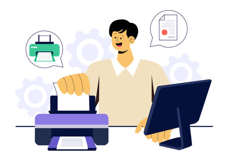 Printer Service Vector Illustration Featuring the Production Process at a Printing House and Machines Operating Large File Printers in a Backgroundのイラスト素材