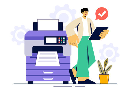Printer Service Vector Illustration Featuring the Production Process at a Printing House and Machines Operating Large File Printers in a Backgroundのイラスト素材