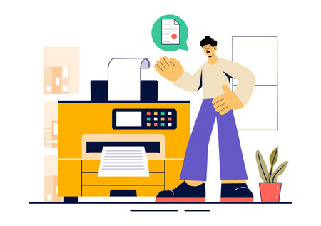 Printer Service Vector Illustration Featuring the Production Process at a Printing House and Machines Operating Large File Printers in a Backgroundのイラスト素材