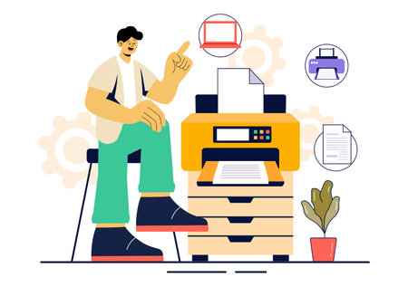 Printer Service Vector Illustration Featuring the Production Process at a Printing House and Machines Operating Large File Printers in a Backgroundのイラスト素材