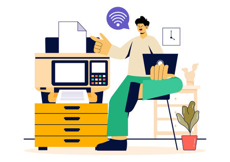 Printer Service Vector Illustration Featuring the Production Process at a Printing House and Machines Operating Large File Printers in a Backgroundのイラスト素材