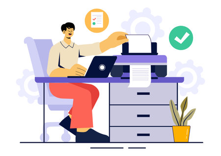 Printer Service Vector Illustration Featuring the Production Process at a Printing House and Machines Operating Large File Printers in a Backgroundのイラスト素材