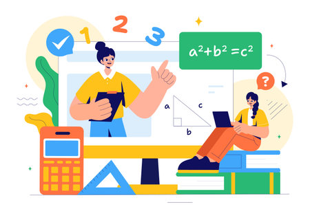 Mathematics Learning Vector Illustration Featuring School Supplies or Stationery with Mathematical Equations, Formulas, and Symbols in a Backgroundのイラスト素材