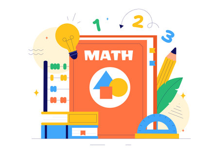 Mathematics Learning Vector Illustration Featuring School Supplies or Stationery with Mathematical Equations, Formulas, and Symbols in a Backgroundのイラスト素材