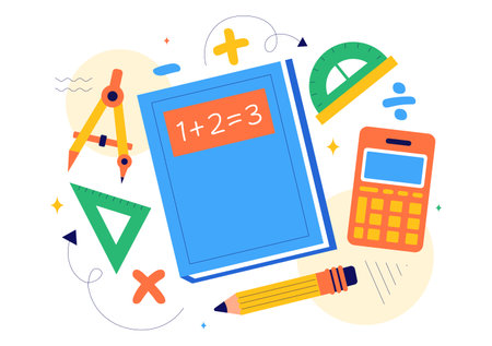Mathematics Learning Vector Illustration Featuring School Supplies or Stationery with Mathematical Equations, Formulas, and Symbols in a Backgroundのイラスト素材