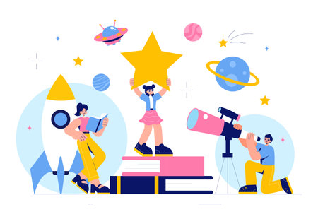 Astronomy Vector Illustration featuring People Observing a Starry Night Sky with Galaxies and Planets in Outer Space Using Telescopes in a Backgroundのイラスト素材