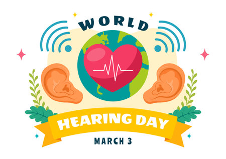 World Hearing Day Vector Illustration on March 3rd, Promoting Awareness About Preventing Deafness for Ear Health Treatments in a Flat Backgroundのイラスト素材
