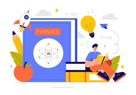 Physics Learning Vector Illustration featuring Students Exploring Electricity, Magnetism, Light Waves and Forces of Science and Technology Explorationのイラスト素材