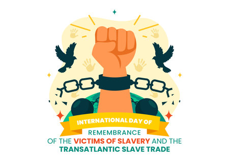 International Day of Remembrance of the Victims of Slavery and the Transatlantic Slave Trade Vector Illustration Featuring Broken Handcuffs on Handsのイラスト素材