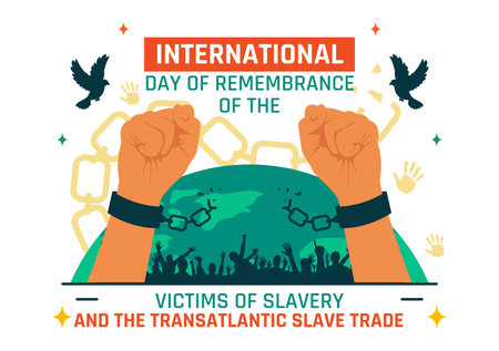 International Day of Remembrance of the Victims of Slavery and the Transatlantic Slave Trade Vector Illustration Featuring Broken Handcuffs on Handsのイラスト素材