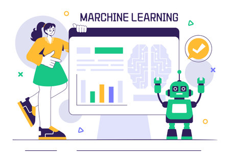 Machine Learning Vector Illustration featuring Artificial Intelligence Jobs, Scientists Working with Big Data and Technology Engineers in a Backgroundのイラスト素材