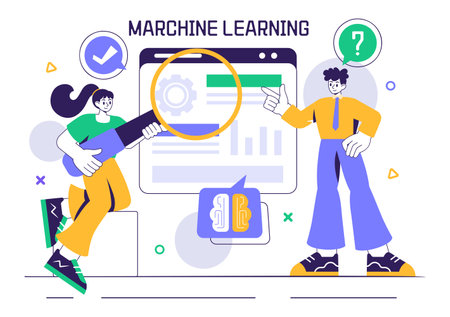 Machine Learning Vector Illustration featuring Artificial Intelligence Jobs, Scientists Working with Big Data and Technology Engineers in a Backgroundのイラスト素材