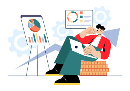 Top Manager Employees Vector Illustration Featuring Project Management and Financial Report Strategies to Achieve Goals or Targets in a Backgroundのイラスト素材