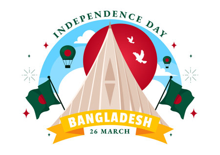 Bangladesh Independence Day Vector Illustration Celebrating 26 March with a Waving Flag and National Monument in a Festive Flat Cartoon Backgroundのイラスト素材