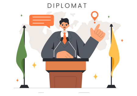 Diplomat Profession Vector Illustration Featuring International Negotiations and Agreement Signing for Worldwide Representation of Countriesのイラスト素材