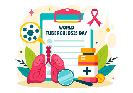 World Tuberculosis Day Vector Illustration on March 24, featuring Lungs and Bacteria for TB Awareness and Medical Campaigns in a Healthcare Backgroundのイラスト素材