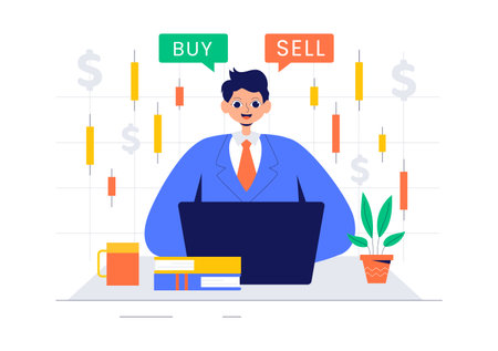 Trader Vector Illustration Featuring Financial Trend Evaluation, Data Analysis, Traders Analyzing Charts, Candle Bars, and Graphs on Digital Devicesのイラスト素材