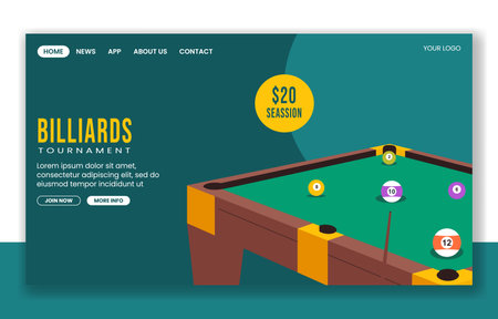 Social Media Landing Page Design Featuring Billiards Game in Flat Cartoon Style