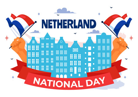 Happy Netherlands National Day Vector Illustration featuring the Netherlands Flag and a Sky Blue Background in a Flat Cartoon Style Designのイラスト素材