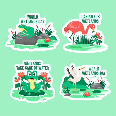 Hand-Drawn and Flat Cartoon Illustration for World Wetlands Day Labelのイラスト素材
