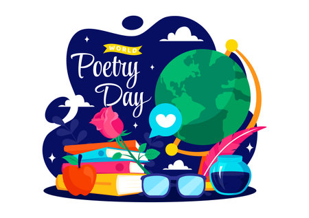 World Poetry Day Vector Illustration on March 21 featuring Writing Tools, Typewriter and Literature in a Flat Style Cartoon Backgroundのイラスト素材