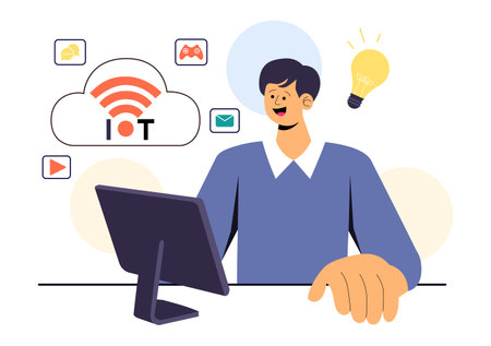 Internet of Things IoT Vector Illustration featuring Technology, Smart Connection and Control Devices in a Network for Industrial with Internet Accessのイラスト素材