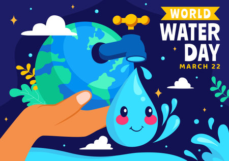 World Water Day Vector Illustration Featuring Waterdrops, Taps, and Messages to Save Earth and Promote Freshwater Management in a Backgroundのイラスト素材