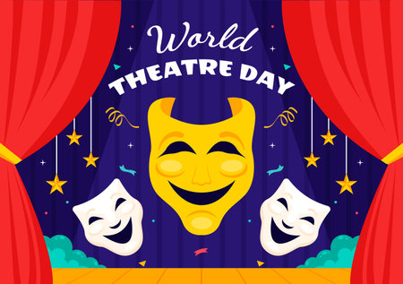 World Theatre Day Vector Illustration featuring Comedy and Tragedy Masks, Red Curtains, and Elements Celebrating Performing Arts and Entertainmentのイラスト素材