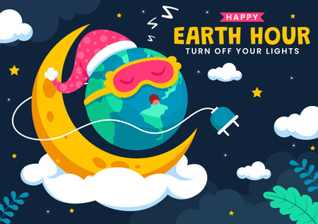 Happy Earth Hour Day Vector Illustration Featuring a Cloud, Light Bulb, World Map, and the Theme of Turning Off Lights in a Flat Cartoon Backgroundのイラスト素材
