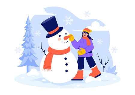 Vector Illustration of Making a Snowman During Winter Activities in a Flat Style Cartoon Backgroundのイラスト素材