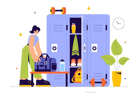 Gym Locker Room Vector Illustration Featuring Dressing Storage for Sports Teams with Fresh Dry Towels, Wardrobes, and Benches for Neat Uniform Changesのイラスト素材